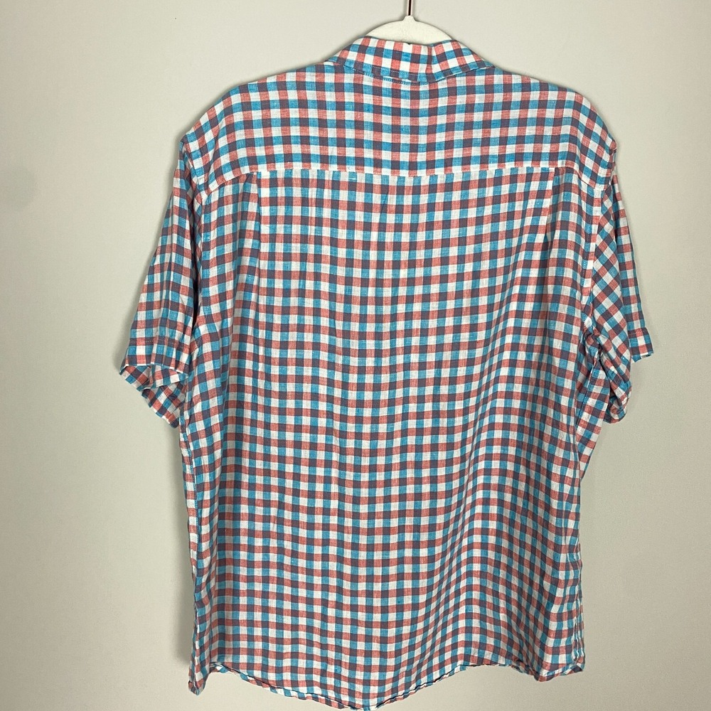 Jos A Bank Plaid Check‎ Linen Button Up Shirt Short Sleeves Mens Large Pink Blue - Picture 4 of 5